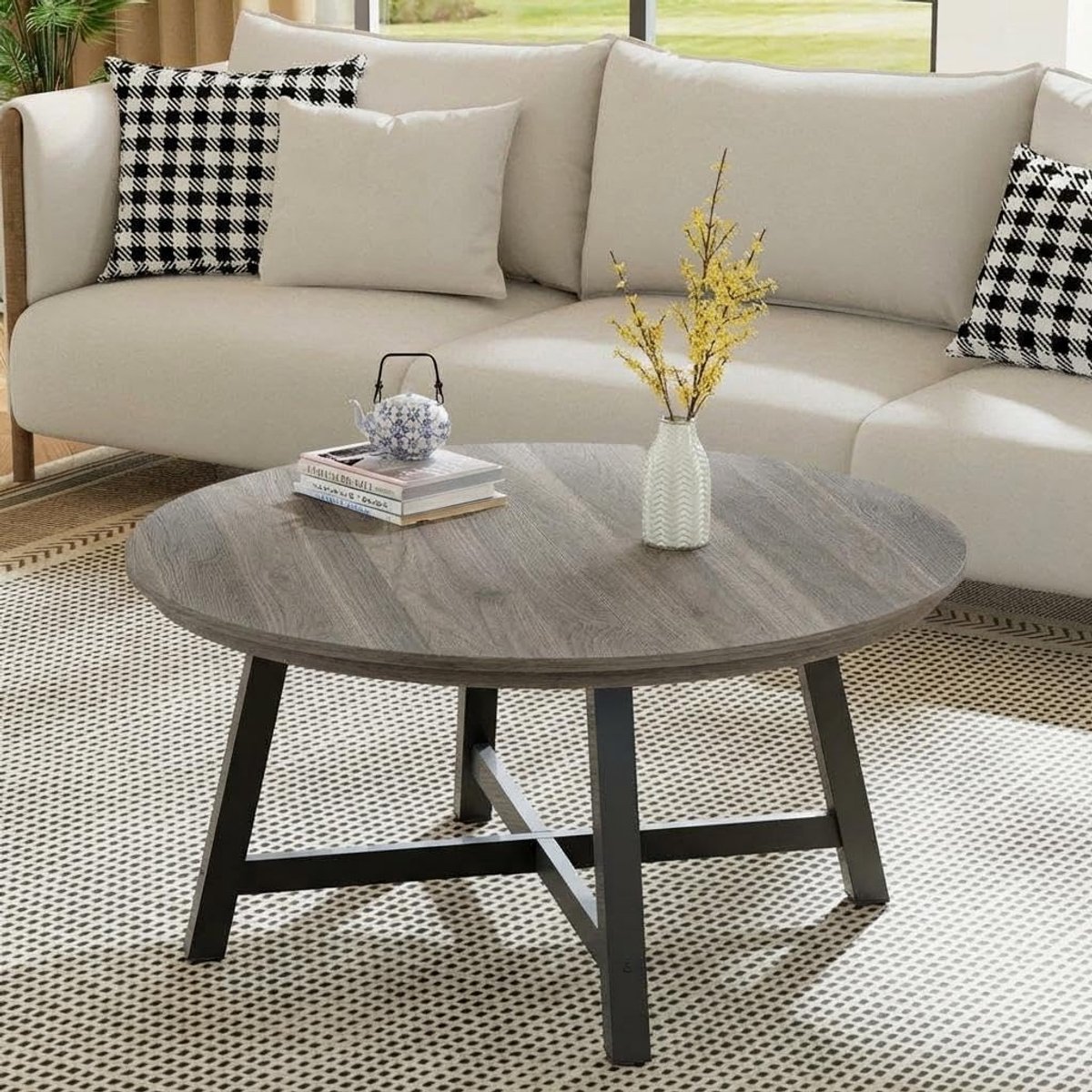 Salontafel Rond - 91x91x47cm - Grote - Metalen Poten - 4cm Tafelblad - Vintage Stijl - Voor Woonkamer - Grijs