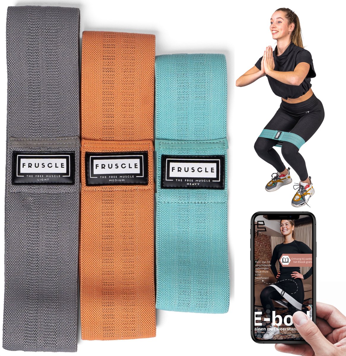 Fruscle® Weerstandsbanden set - Benen en billen trainen - fitness elastiek yoga crossfit- met ebook en opbergtas