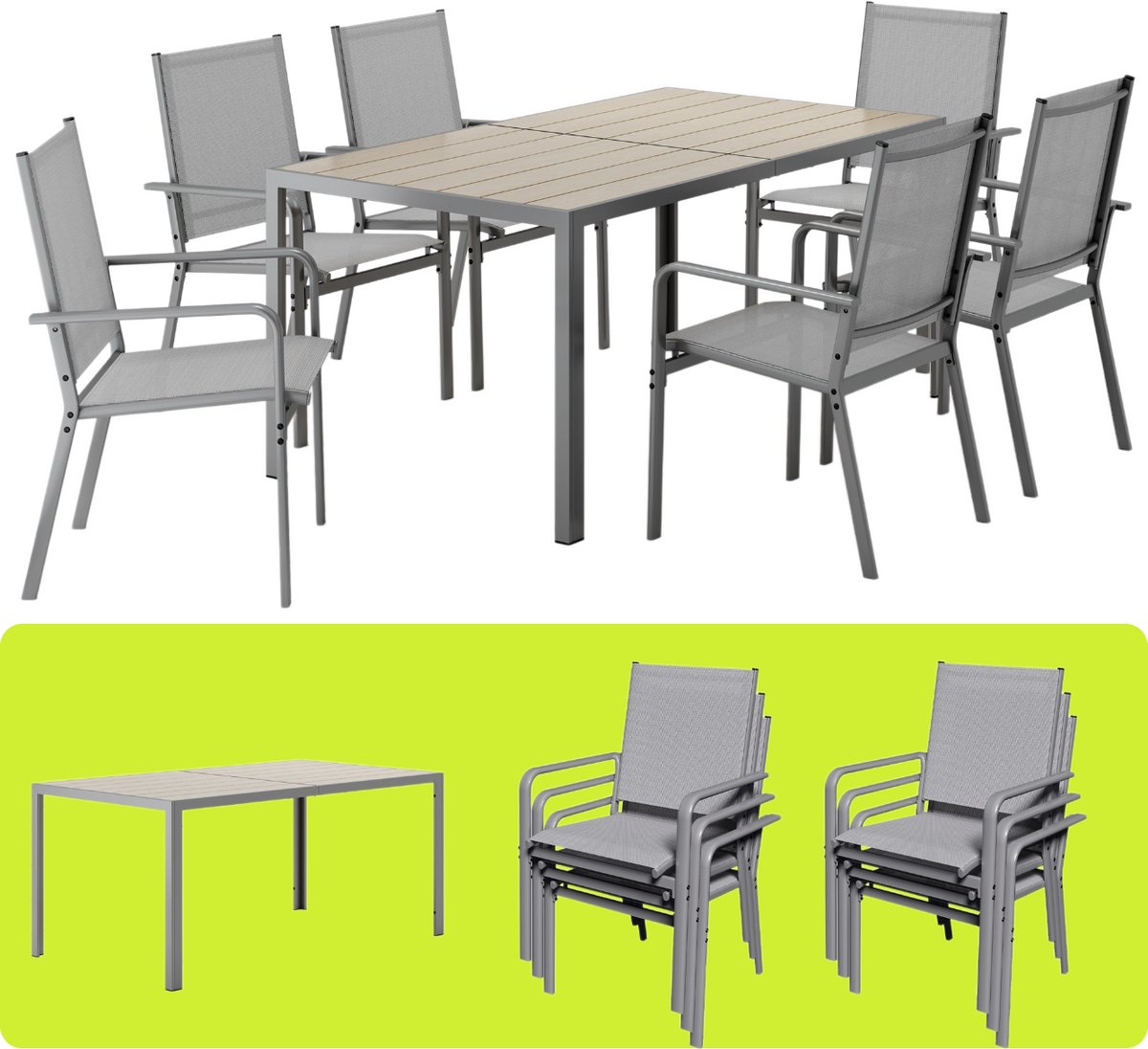 Bealife TB104 Tuinset - Loungeset - Tuin tafel en 6 stoelen - Balkonset met Textilene + Metalen frame - Weerbestendig - Grijs