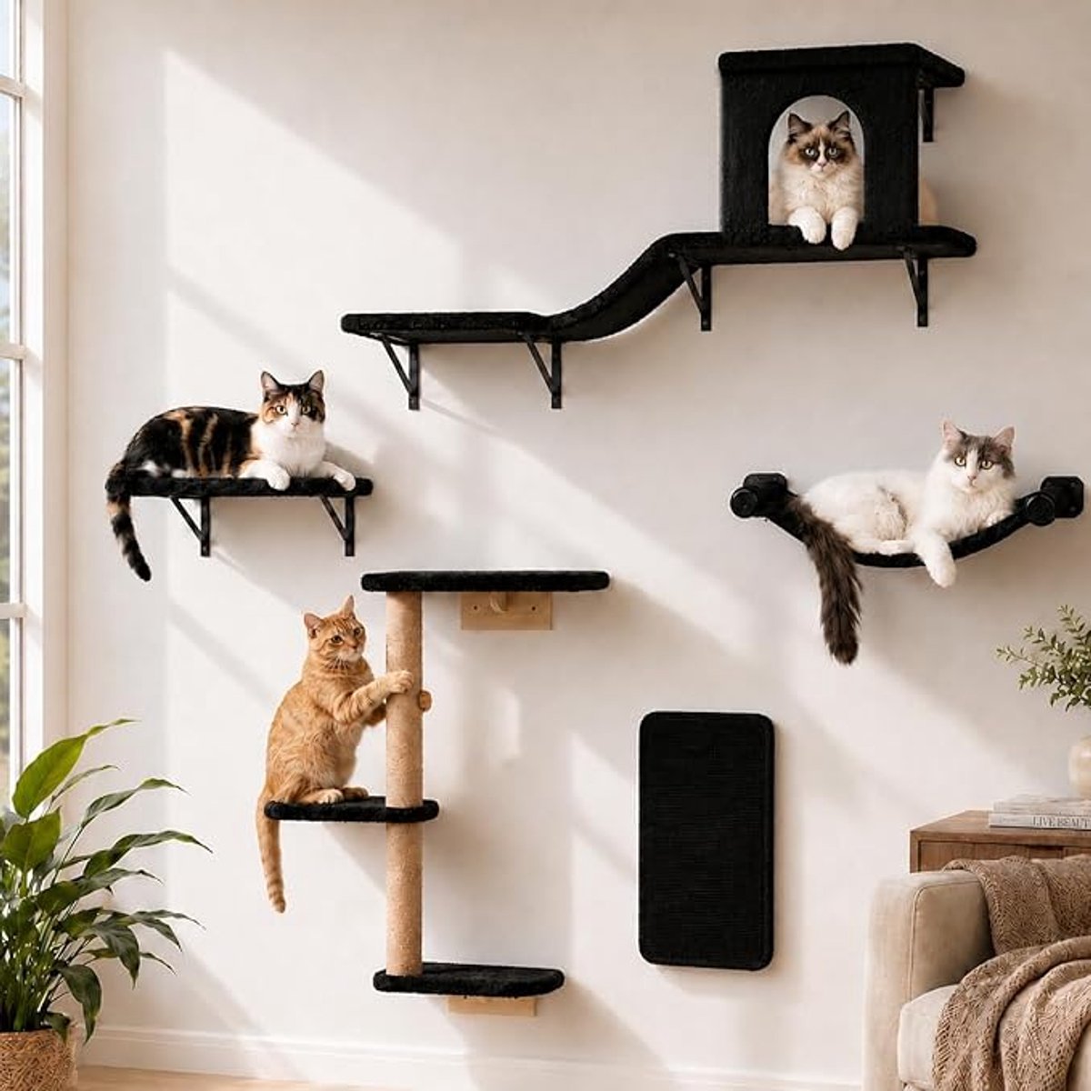 Kat Klimframeset 5-in-1 - Katten Wandmeubel Set - Wandgemonteerde Kattenboom met Krabpaal, Platform, Hangmat en Kattenhuis - Stabiele Katten Wandplanken voor Binnen - Katten Klim- en Speelsysteem