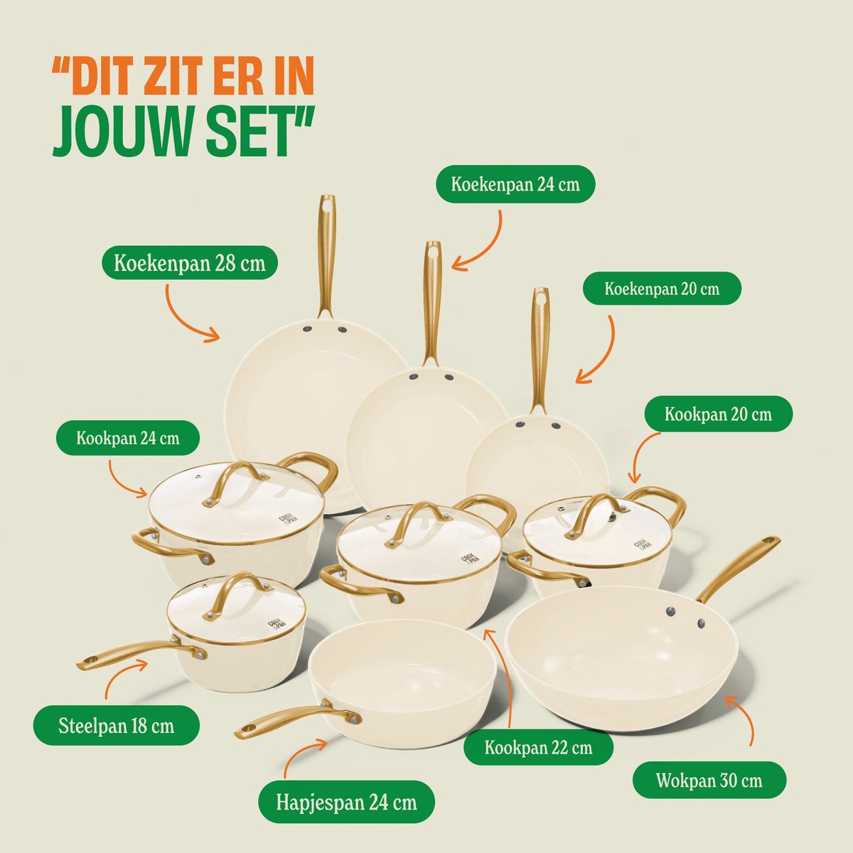 Cook & Pan Vanilla Pannenset 9-delig PFAS vrij - Beige met Gouden Handgrepen - Alle Warmtebronnen - Krasbestendige Anti Aanbaklaag - Vaatwasserbestendig - Gas, Inductie, Elektrisch, Oven - Pannen set - Koekenpan, Wokpan, Steelpan, Hapjespan, Kookpot – foto 8