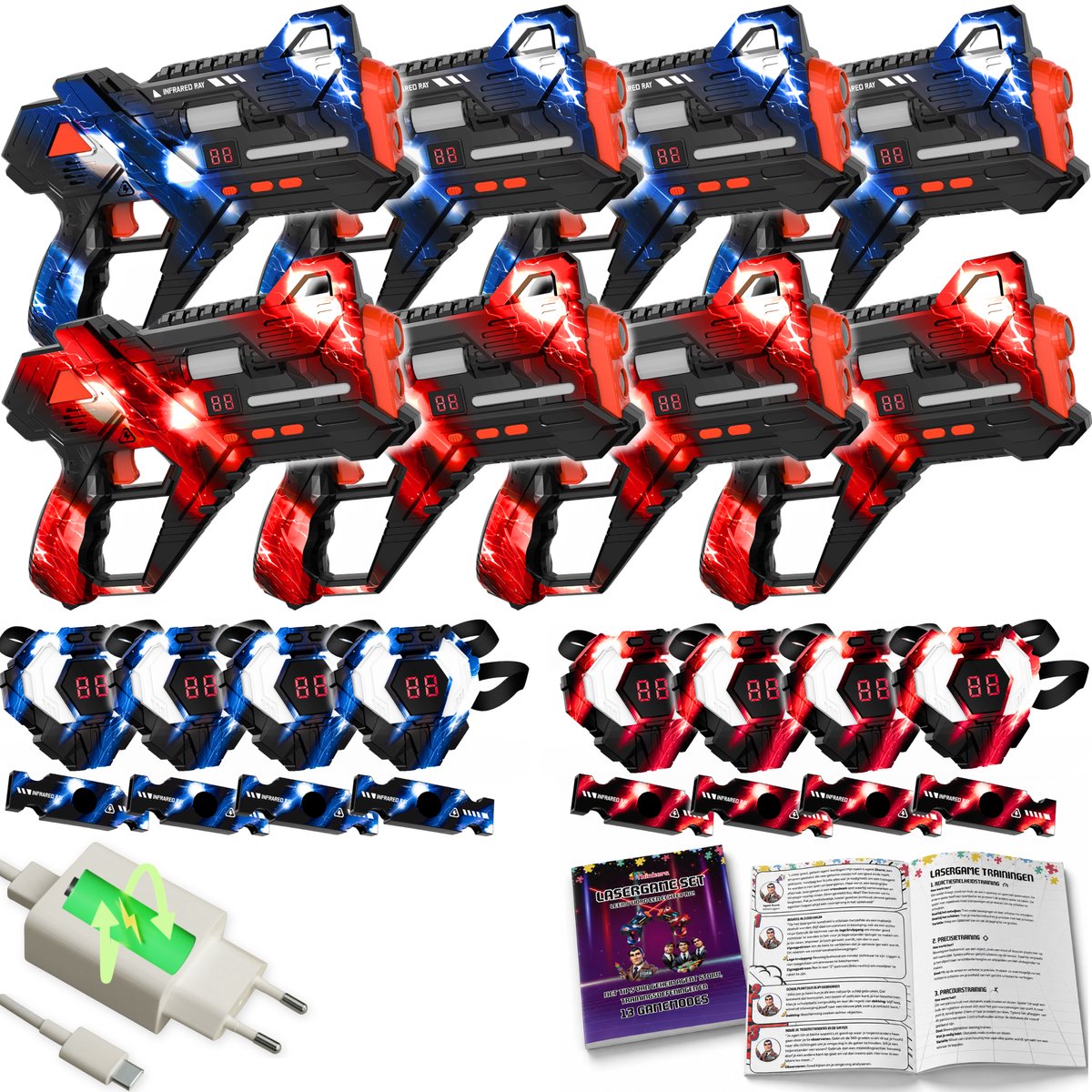 Oplaadbare Lasergame set voor Kinderen + 13 Gamemodes Boekje - 360° sensoren - 8 Persoons Laser Tag Set met 8 Laserguns en Vesten