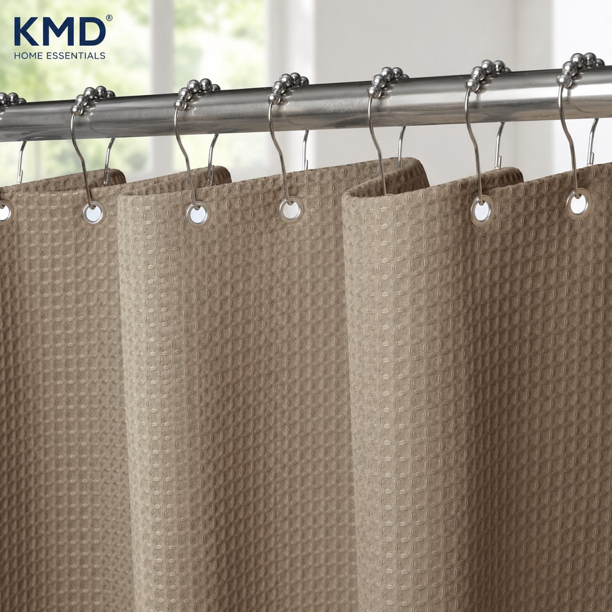 KMD Douchegordijn Wafelstof Waterdicht met Metalen Ringen - Anti-schimmel Badkamer Gordijn Zwaar Textiel - 182 x 198 cm (Khaki)