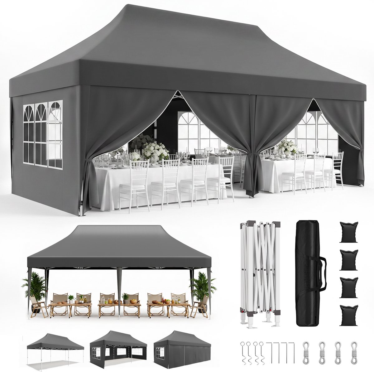 Devoko Luxe Partytent 3x6 m – opvouwbaar snelopzetbaar tuinpaviljoen met zijwanden – Waterdicht en UV-bestendig – Inclusief opbergtas – 3 Hoogteverstelbaar – Grijs