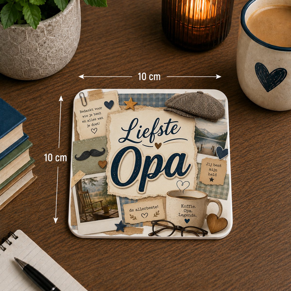 Onderzetter Liefste Opa – 10 x 10 cm – Vierkante Onderzetter met Vader/Opa Design – Cadeau voor Opa