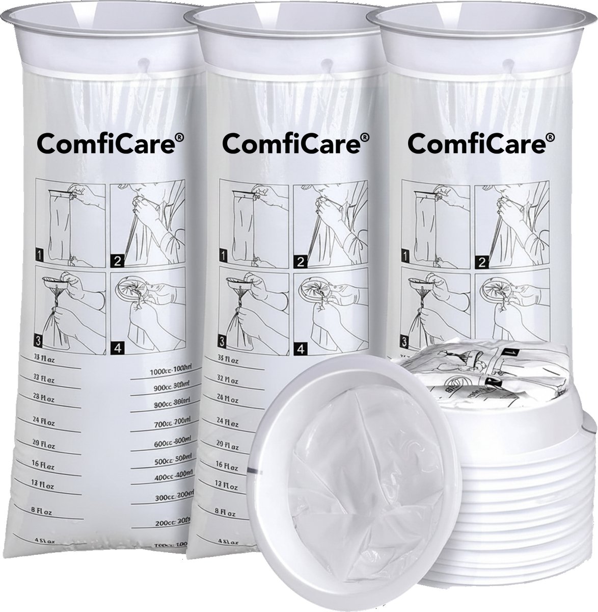 ComfiCare® Spuugzakjes 15 stuks - Braakzakjes - Kotszakjes - Spuugzakjes met ring - Spuugzakken 1L - Kotszakjes met ring - Spuugzak - Spuugzakjes onderweg - Overgeefzakjes - Met maataanduiding - Vomit bag 1000 ml - Wit