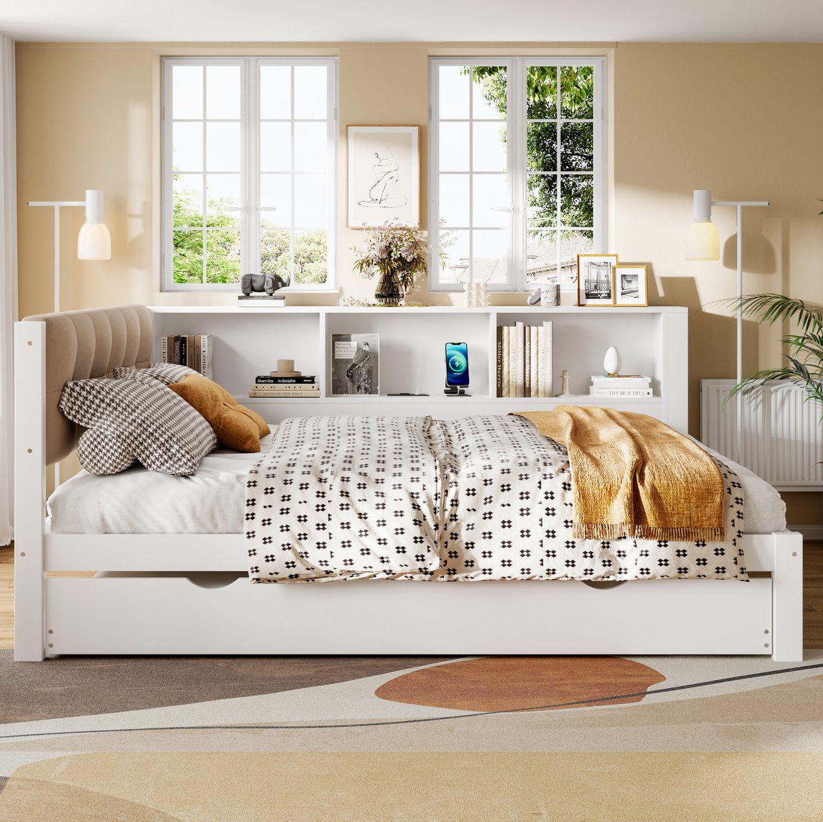 MEUNIQ Bedbank 140x200 cm met uitschuifbaar logeerbed, 3 zijvakken, dimbare LED-verlichting en USB-aansluiting, daybed voor slaapkamer of logeerkamer, wit