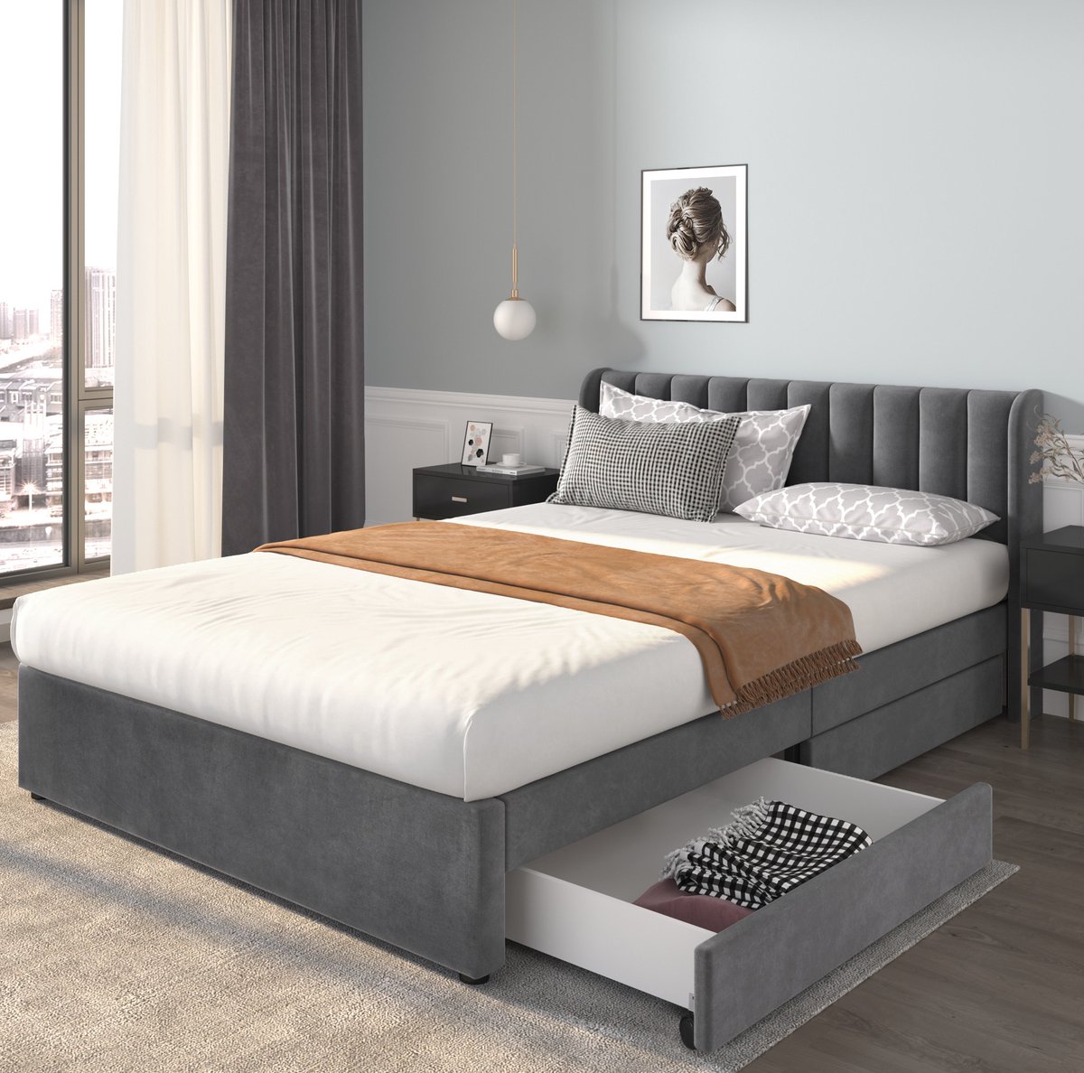 MEUNIQ fluwelen tweepersoonsbed 160 x 200 cm met lattenbodem, hoog hoofdbord en 2 lades, grijs bedframe voor slaapkamer of logeerkamer