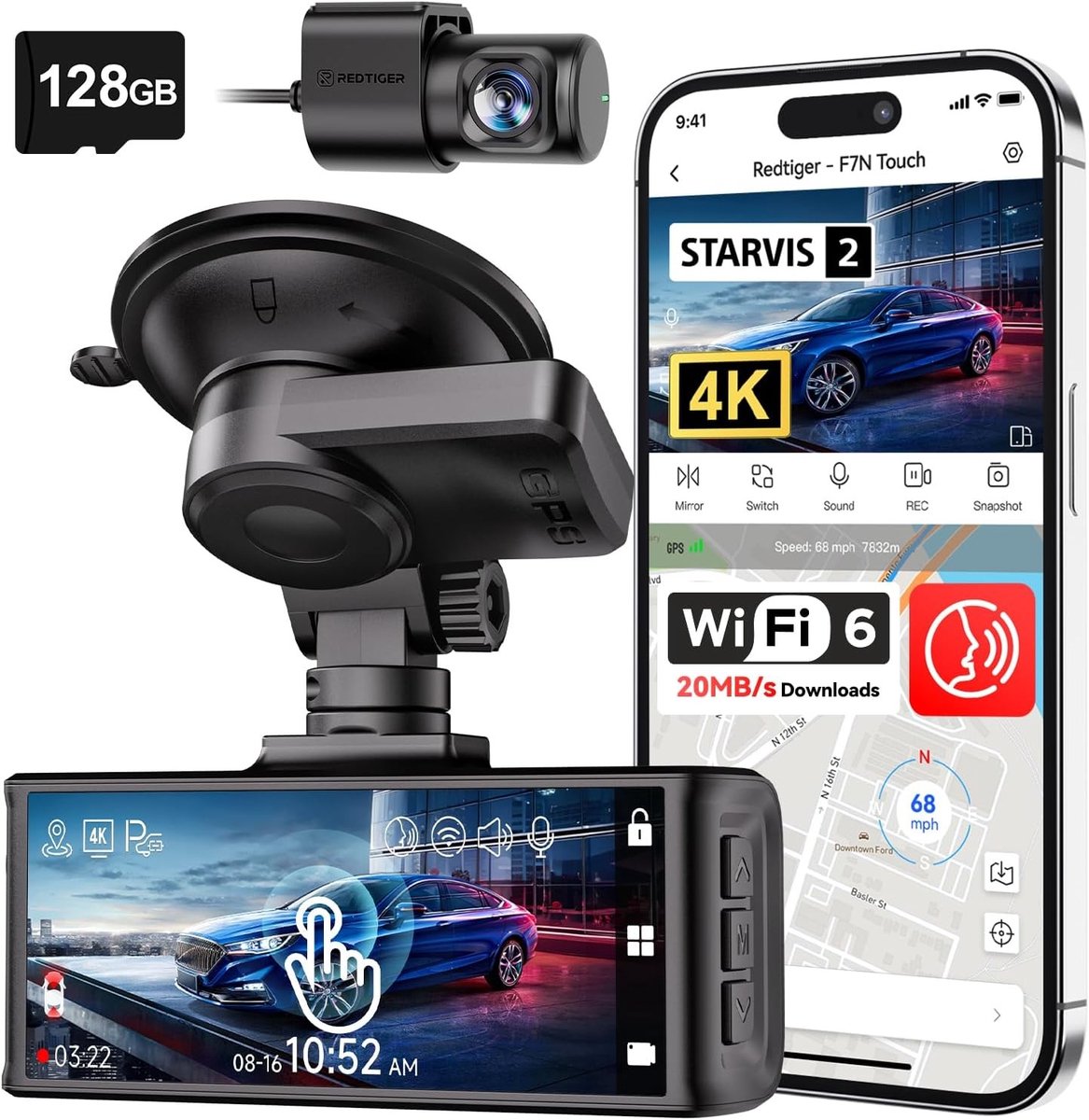 Dashcam Auto 4K Voor en Achter – Touchscreen, WiFi, GPS, Nachtzicht, 128GB Geheugenkaart, 170° Groothoek Camera