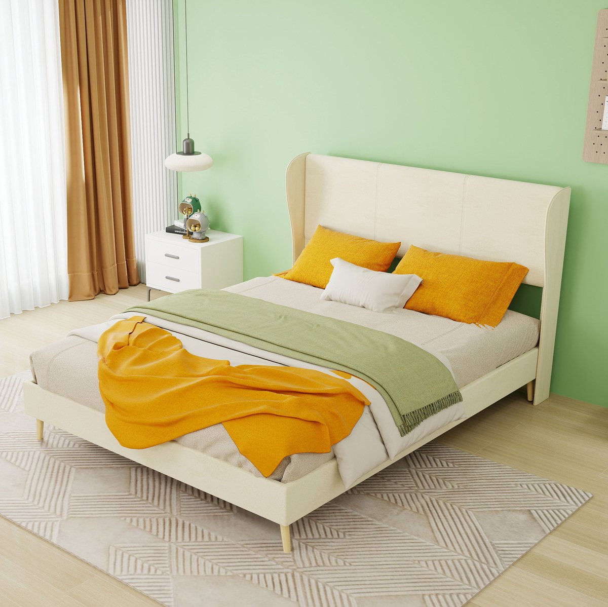 MEUNIQ gestoffeerd bedframe 140x200 cm met hoog hoofdbord, lattenbodem en metalen frame, tweepersoons normaal bed voor slaapkamer, beige, zonder matras
