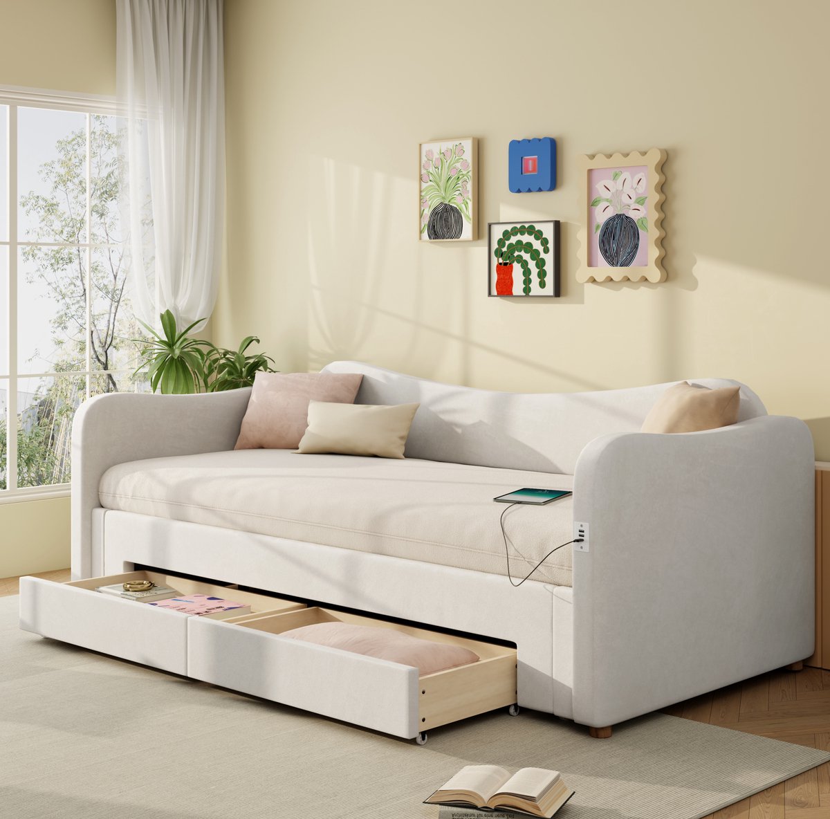MEUNIQ slaapbank 90x200 cm uitschuifbaar naar 180x200 cm, daybed met 2 lades, USB en USB-C, fluwelen bedbank met lattenbodem, zonder matras, beige