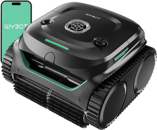 Zwarte WYBOT zwembadrobot met groene accenten, grote rupsbanden en een smartphone ernaast.