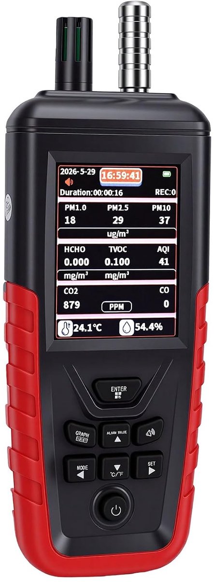 Luchtkwaliteitsmonitor - Luchtmeter - Binnenlucht Kwaliteit - 10-in-1 Metingen - 26 x 22 x 9 cm - Zwart