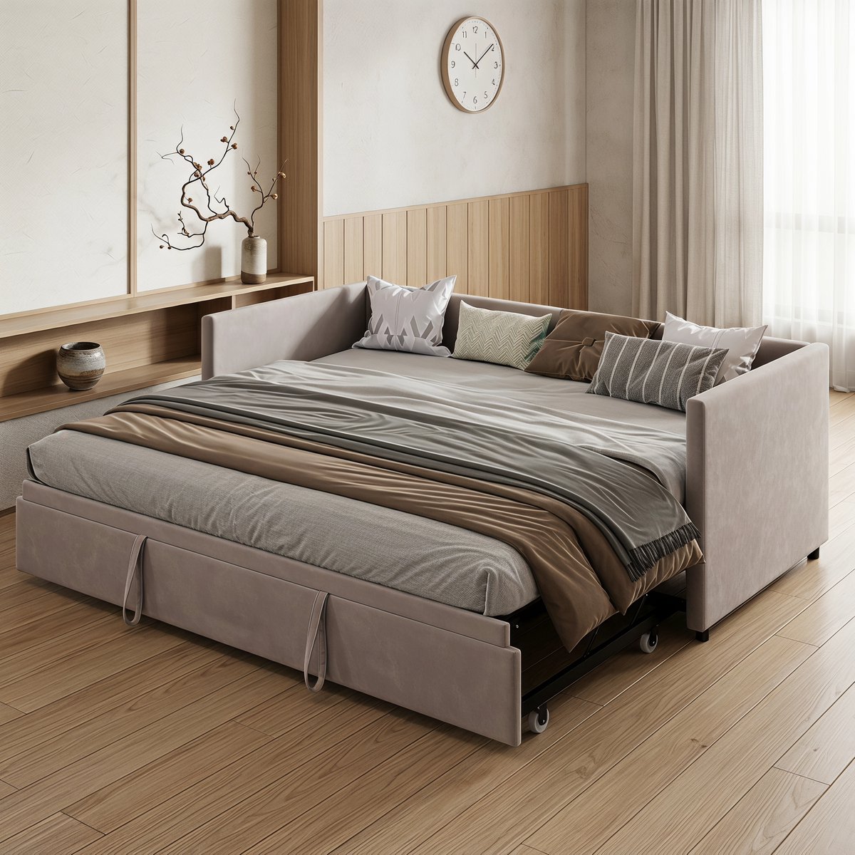MEXUS Fluweel Gestoffeerd Daybed 90x200 cm met Lattenbodem,eenpersoonsbed met Slaapbank en Uitklapbaar Logeerbed,Ruimtebesparend Voor Logeerkamer,Grijs,Zonder Matras