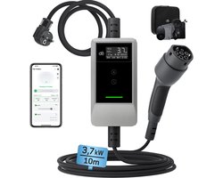 dé Mobiele Thuislader Type 2 met App voor Stopcontact - 3.7kW - 10m TPU Kabel - IP66 - Laadkabel Type 2 naar Schuko - Traploze Laadstroom via App (6A - 16A) - Laadtijd Inplannen - Wit