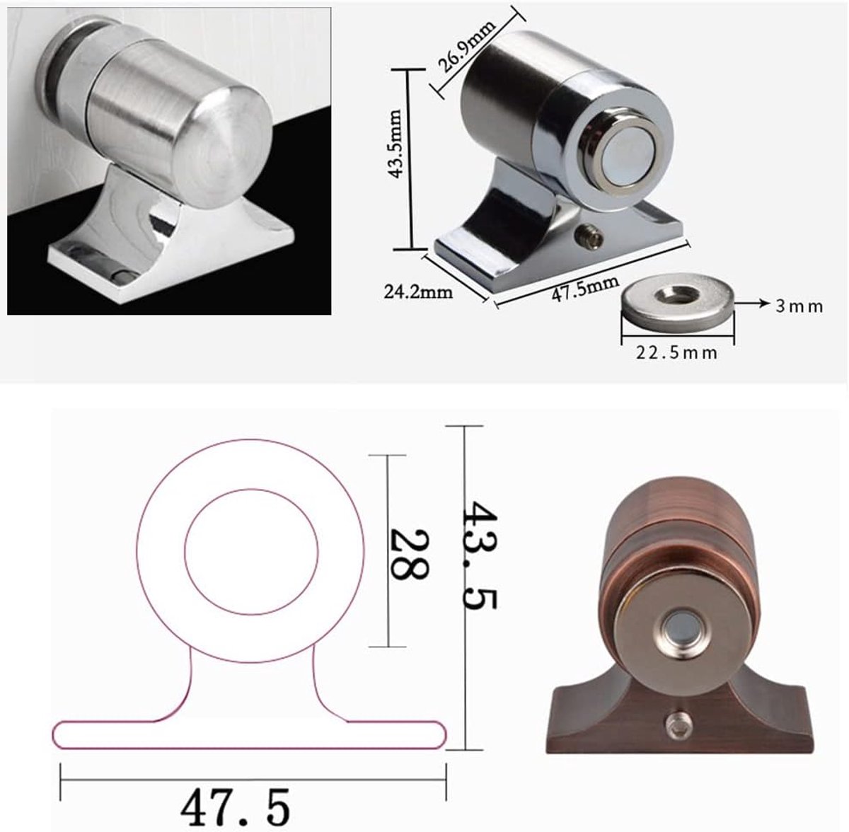 Deurstop - Deurvanger - Muur Beschermen - Magnetische Vangst - Standaard Maat - Goud