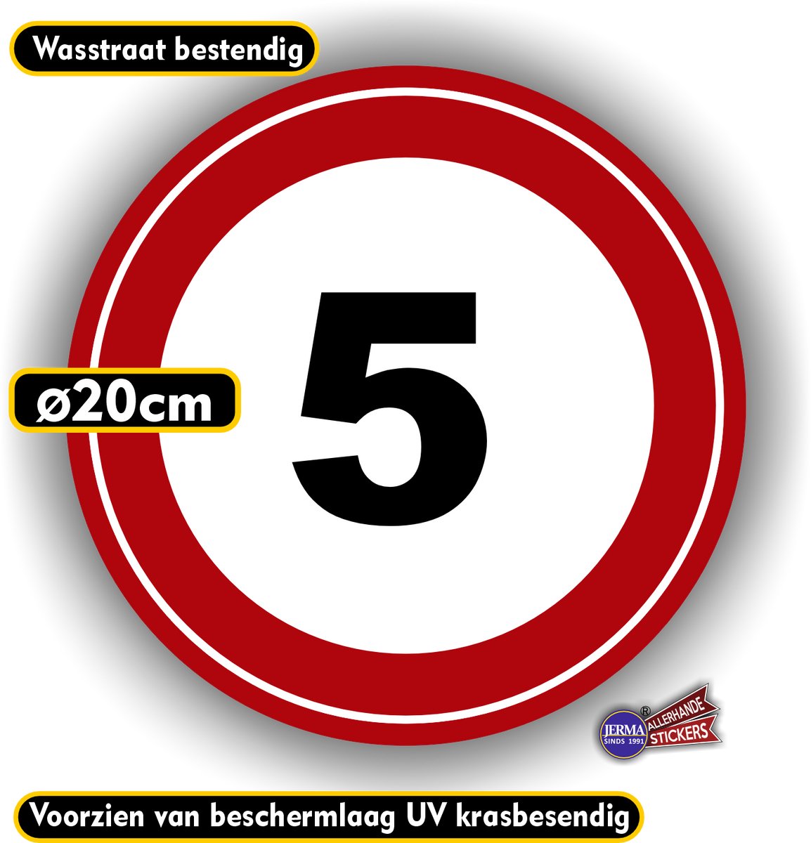 Jerma - Maximumsnelheid - 5 km/h - Sticker - Ø 20 cm - Zelfklevend - Vinyl - Weerbestendig - Krasvrij