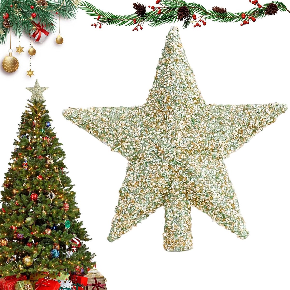 Kerstboomster - Boomtopper Ornament - Feestelijke Decoratie - Glinsterende Afwerking - 19.8 cm - Goud
