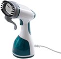 Witte en turquoise handstomer met een opzetborstel aan de bovenkant.
