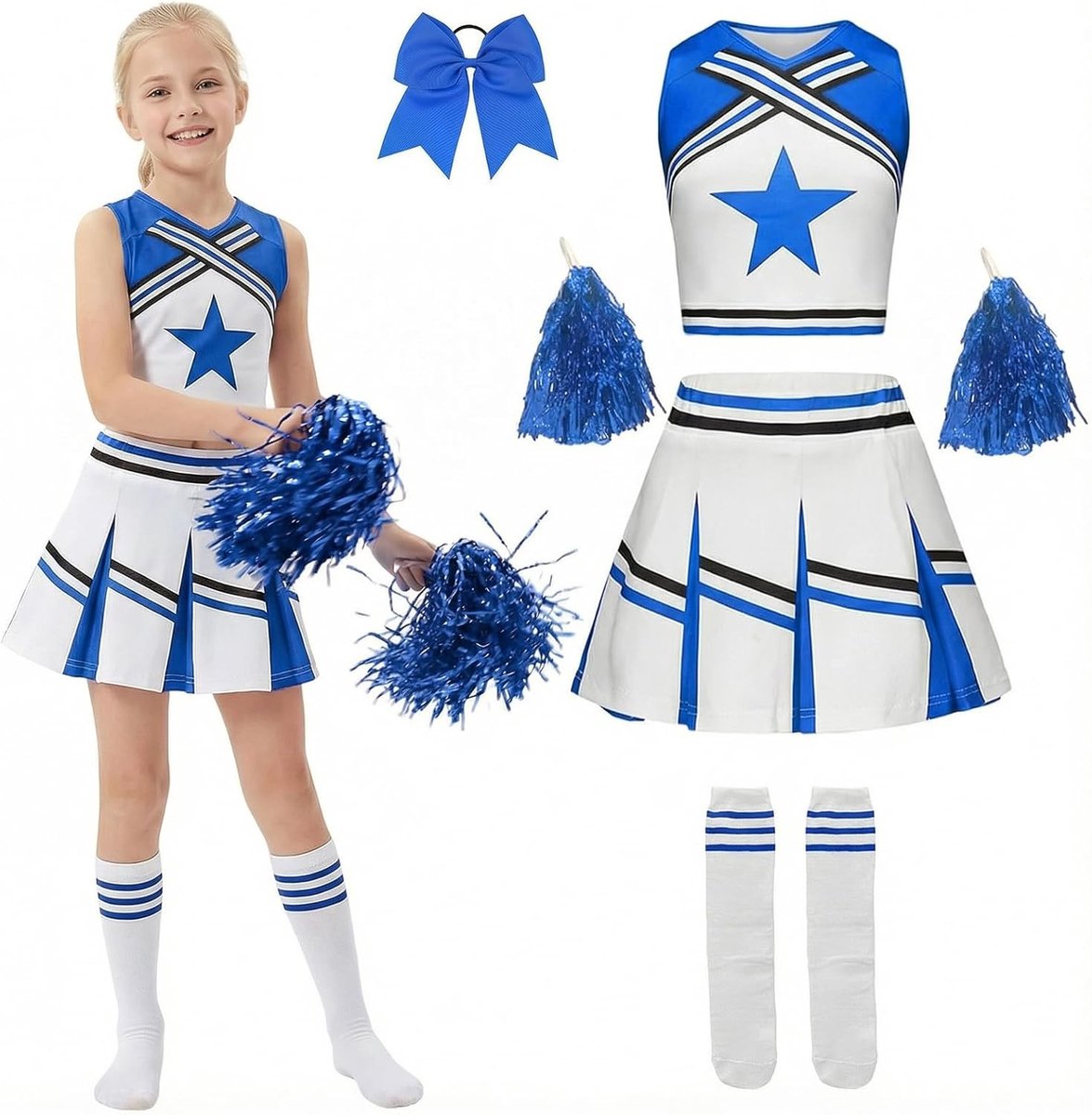 Cheerleader Kostuum voor Meisjes met Jurk, Pompoms en Sokken - Perfect voor Carnaval, Feest en Cosplay