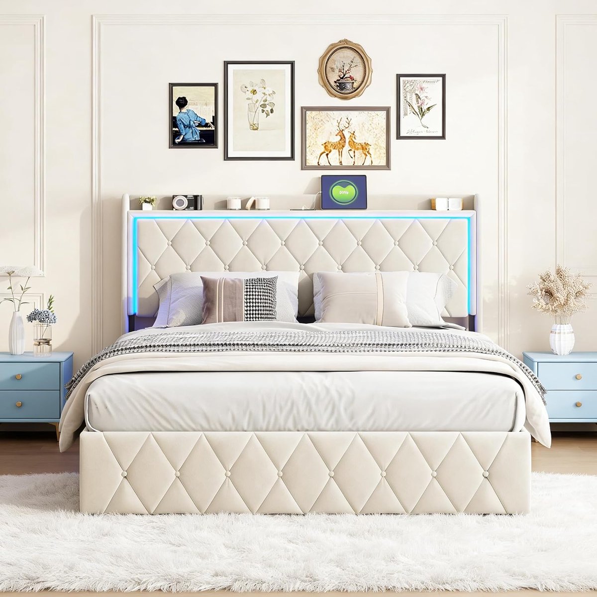 Gecapitonneerd Bed - Gestoffeerd Frame - Opbergen Slaapkamer - Met USB en LED - 140 x 190 cm - Beige