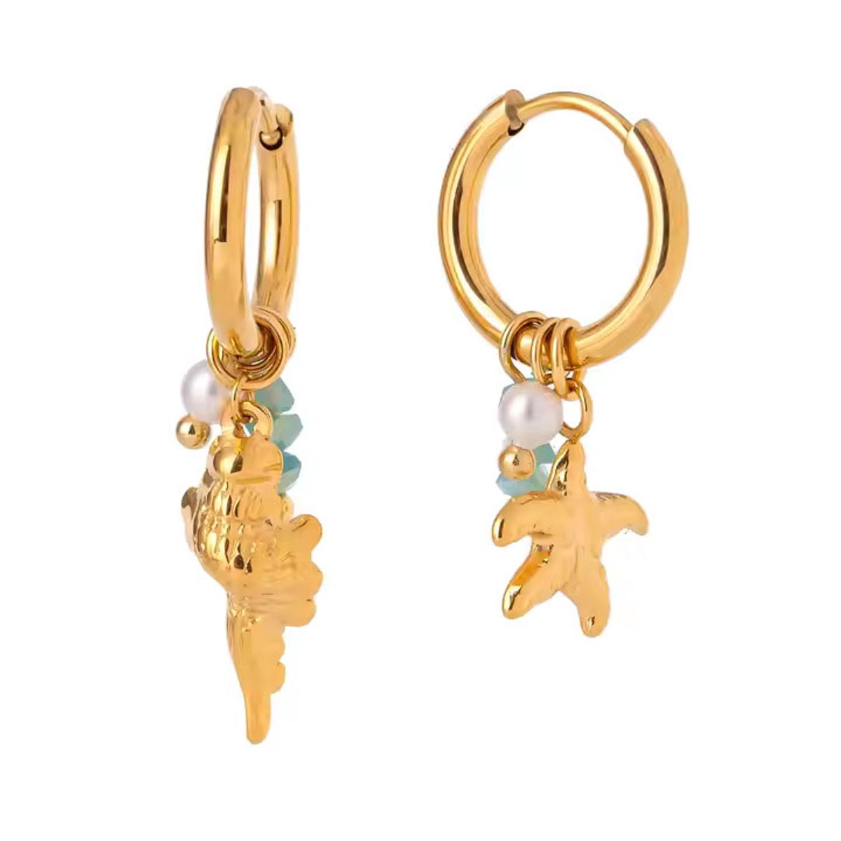 Mismatch oorbellen Zeester en Schelp - LOUIZ - Zomer oorbellen Dames - Goudkleurig Stainless Steel - Waterproof en Nikkelvrij