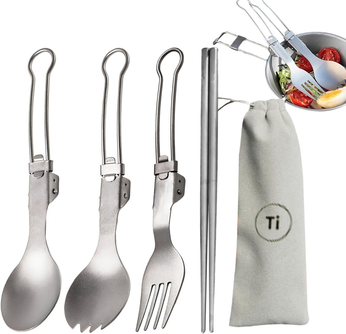 Opvouwbare Bestekset - Kampeergerei Reislepelvork - Buiten Eten - Lichtgewicht Titanium - 6 Inch - Zilver
