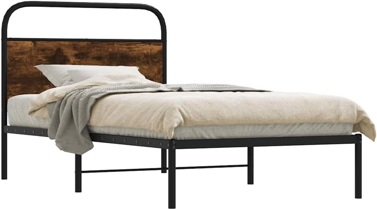 Bedframe 90x200 cm - Houten bedframe Eenpersoonsbed - Slaapkamer Inrichten - Stevig Stalen Frame - 207x95x100 cm - Gerookt eiken