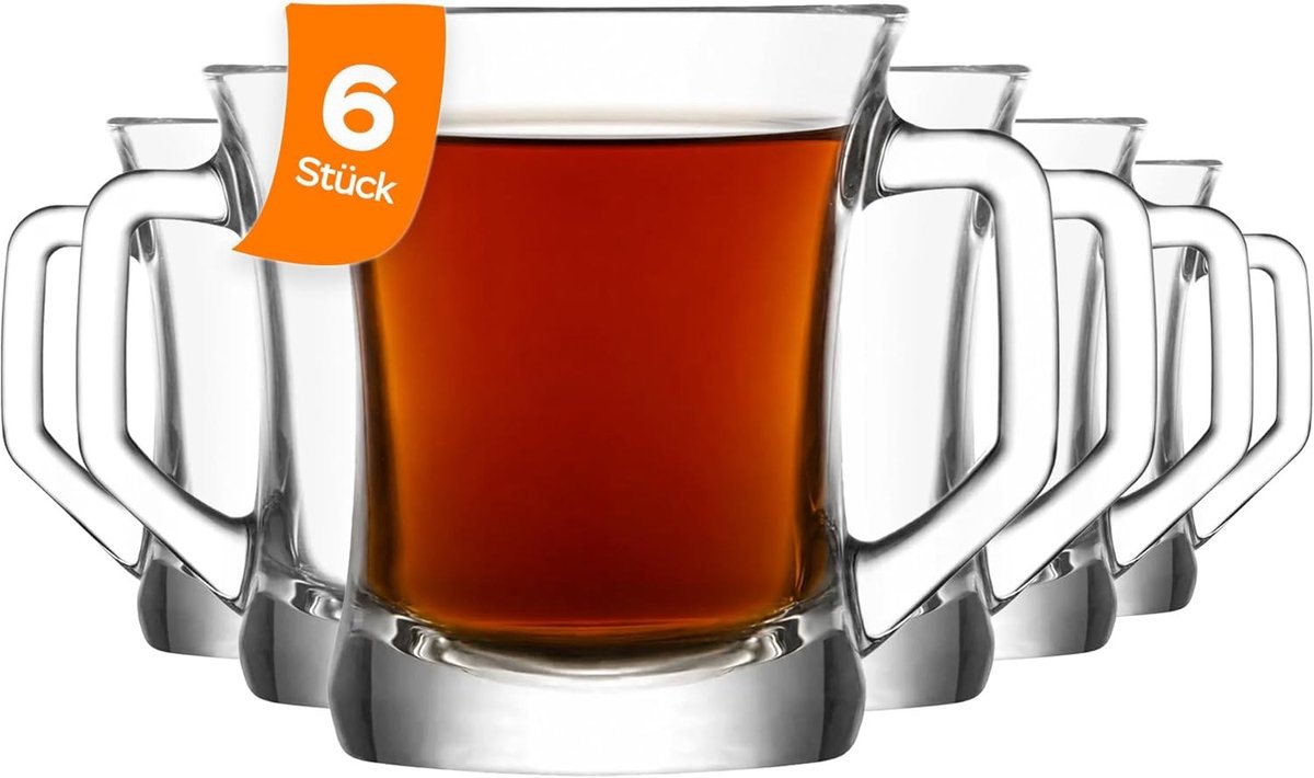 Koffieglazen met handvat - Loodvrij Glas - Set van 6 - Geschikt voor Warm en Koud - Voor Koffie en Thee