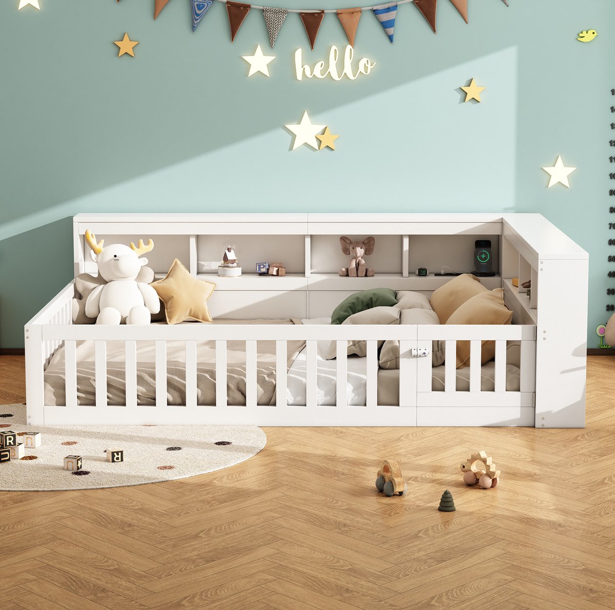 MEUNIQ bedbank 140x200 cm met lattenbodem, opbergvak, uitvalbeveiliging, stopcontact en USB, spaanplaat en MDF, slaapkamer, wit