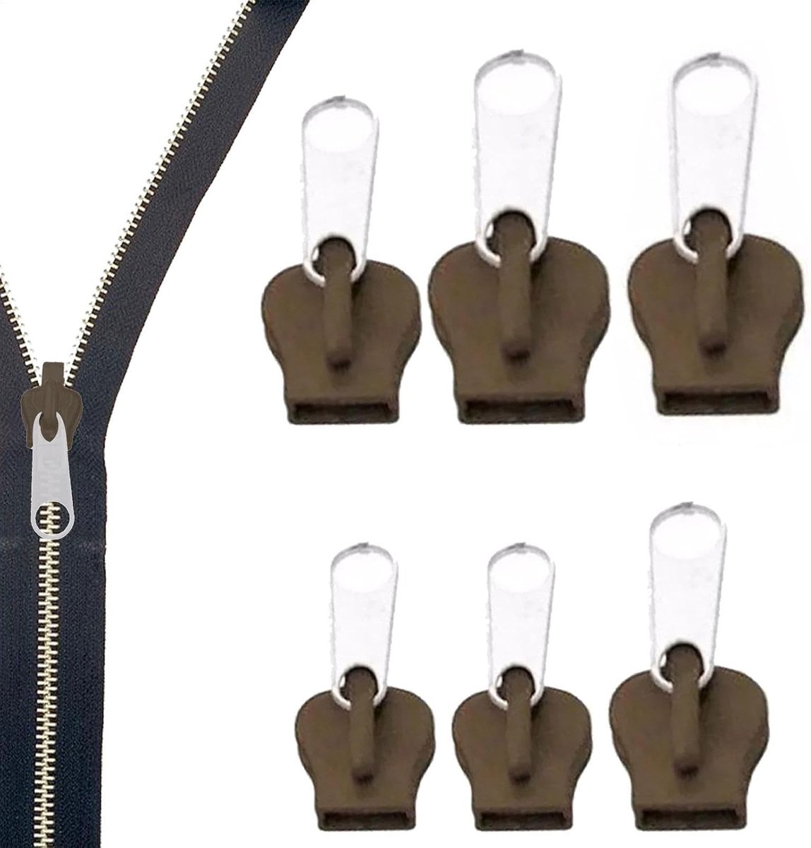 Rits Reparatieset - Rits Vervanging Slider - Kleding Repareren - Gereedschapsloze Installatie - 6 stuks - Koffie