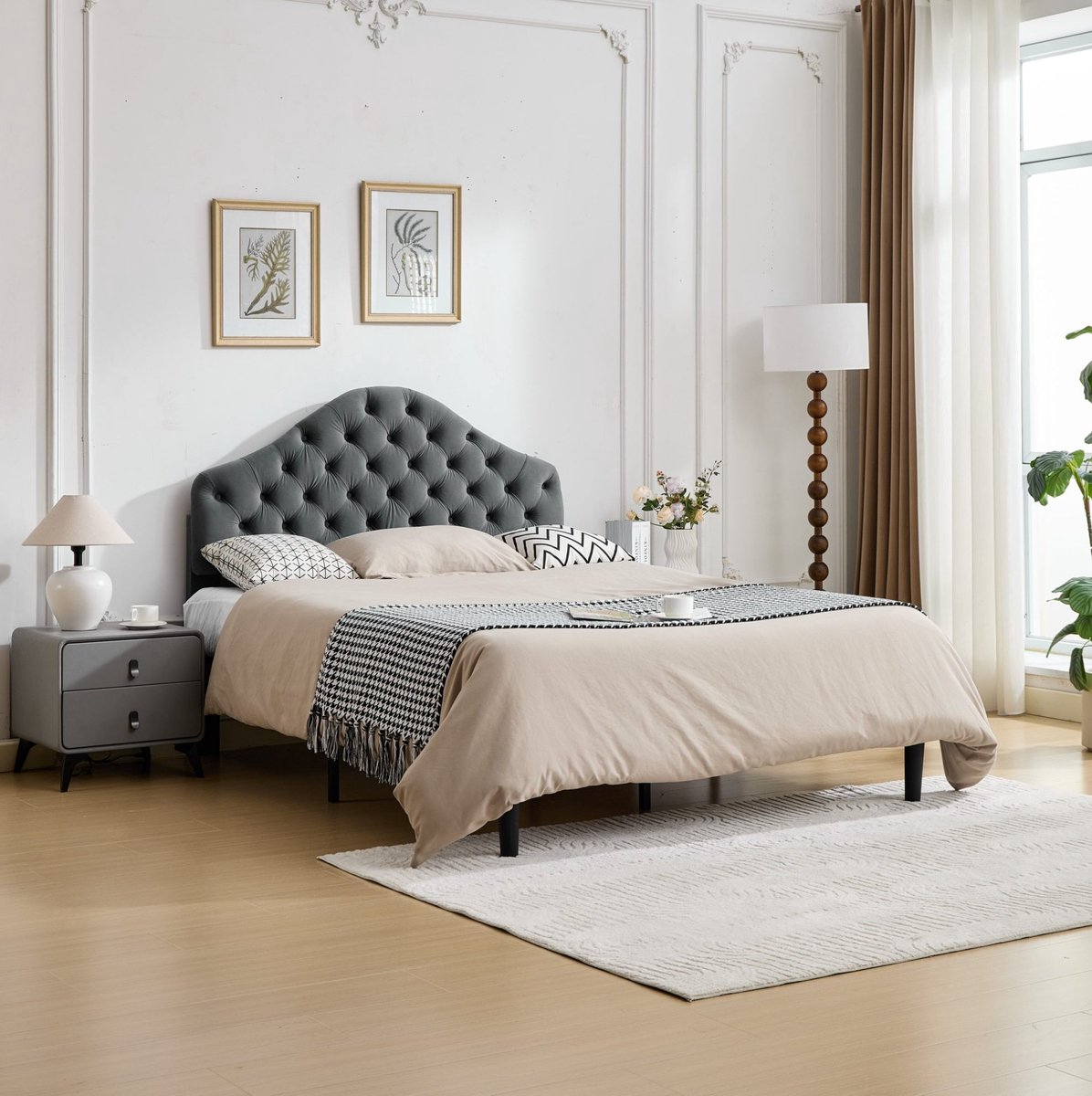 MEUNIQ gestoffeerd platformbed 140x200 cm met verstelbaar hoofdbord, houten lattenbodem en fluwelen bekleding, bedframe zonder boxspring voor slaapkamer of logeerkamer, grijs
