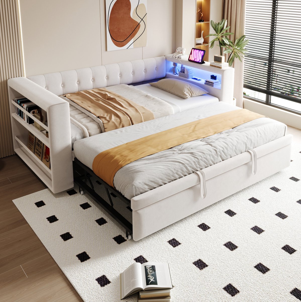MEUNIQ slaapbank 180 x 190 cm met opbergruimte, LED-verlichting, stopcontact en lattenbodem, multifunctioneel bed voor woonkamer of slaapkamer, beige