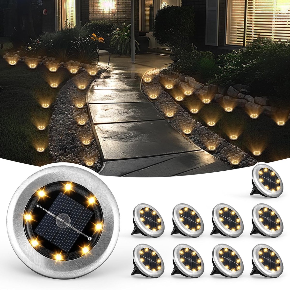 Tuinverlichting op Zonne-energie | 10-delige Set Mini Zonne-grondverlichting, Waterdichte Zonne-tuinverlichting, Zonne-aangedreven Landschapsverlichting voor Terras, Tuin, Oprit, Looppad - Warm