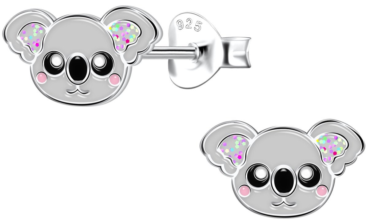 Joy|S - Zilveren koala oorbellen - 9 x 6 mm - koala beer - grijs roze - sterling zilver 925 - kinderoorbellen - oorknoppen