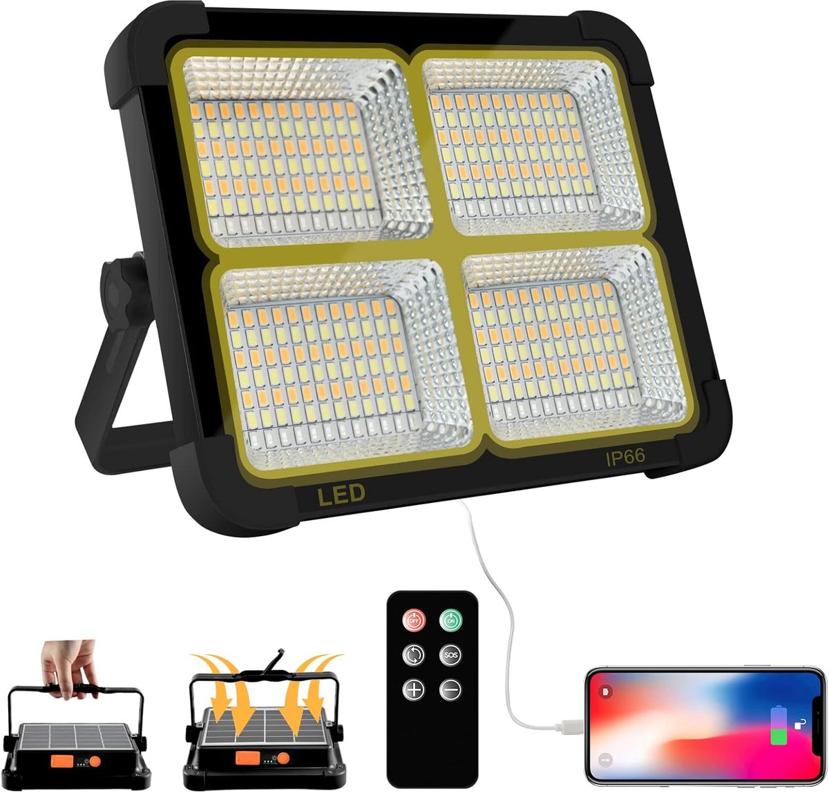 SnelShoppen - Draagbare LED Solar Werklamp met Afstandsbediening, 110W, 16500mAh, 11000 Lumen, Stepless Helderheid, Oplaadbare LED Noodlamp voor Werkp