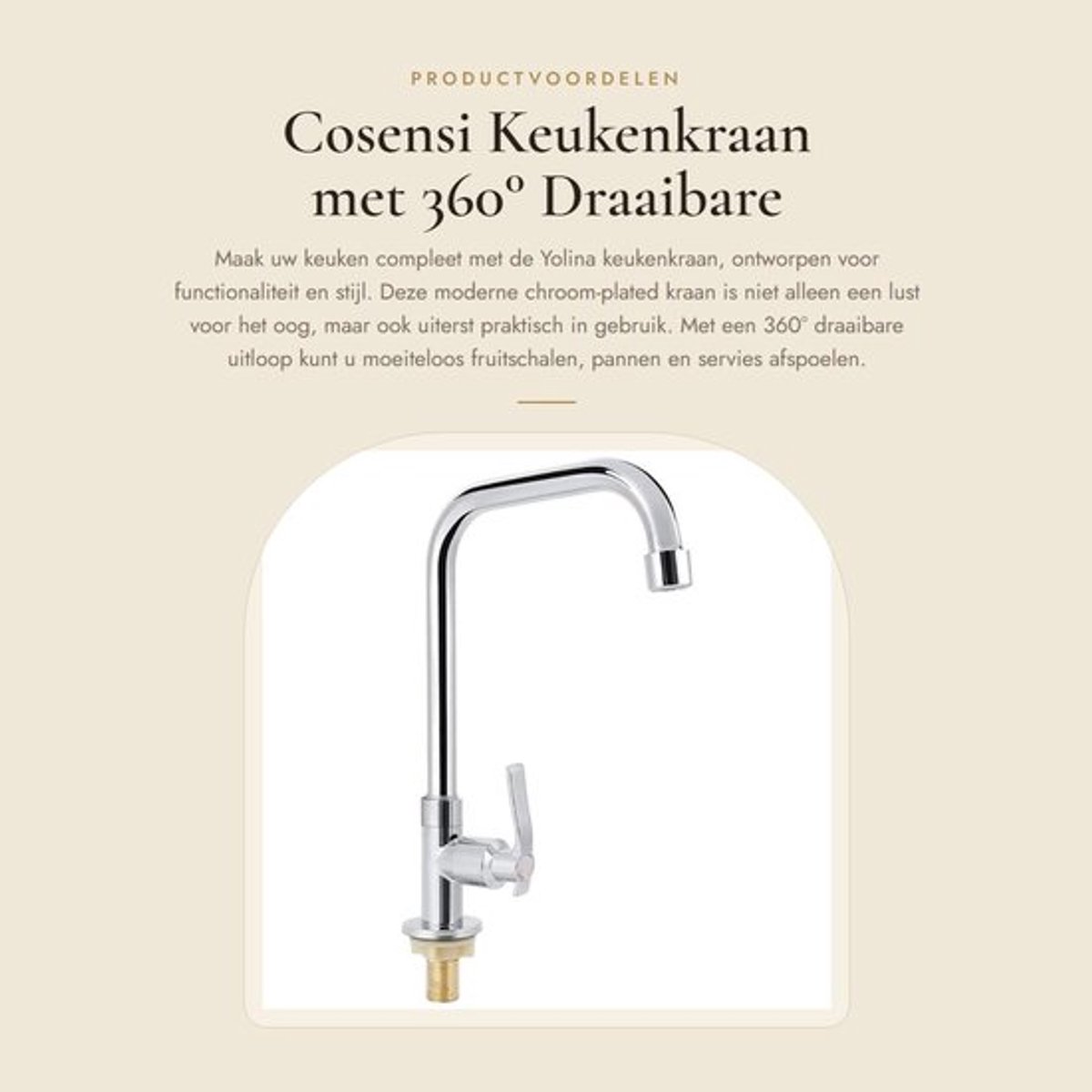 Keukenkraan 360 Graden Draaibare Uitloop - Koudwaterkraan - Messing Behuizing - RVS Buizen - Chroom Afwerking - Totale Hoogte 29 cm - Waterkraan