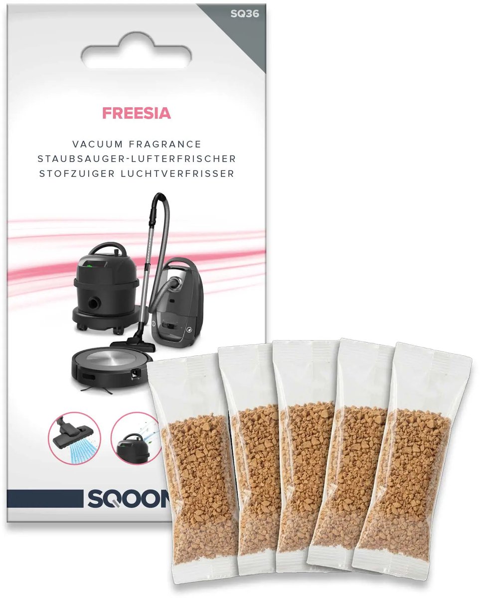 SQOON® Stofzuiger geurkorrels Freesia luchtverfrisser - met zachte bloemengeur voor een elegante en frisse sfeer - 5 zakjes - Ook voor robotstofzuigers