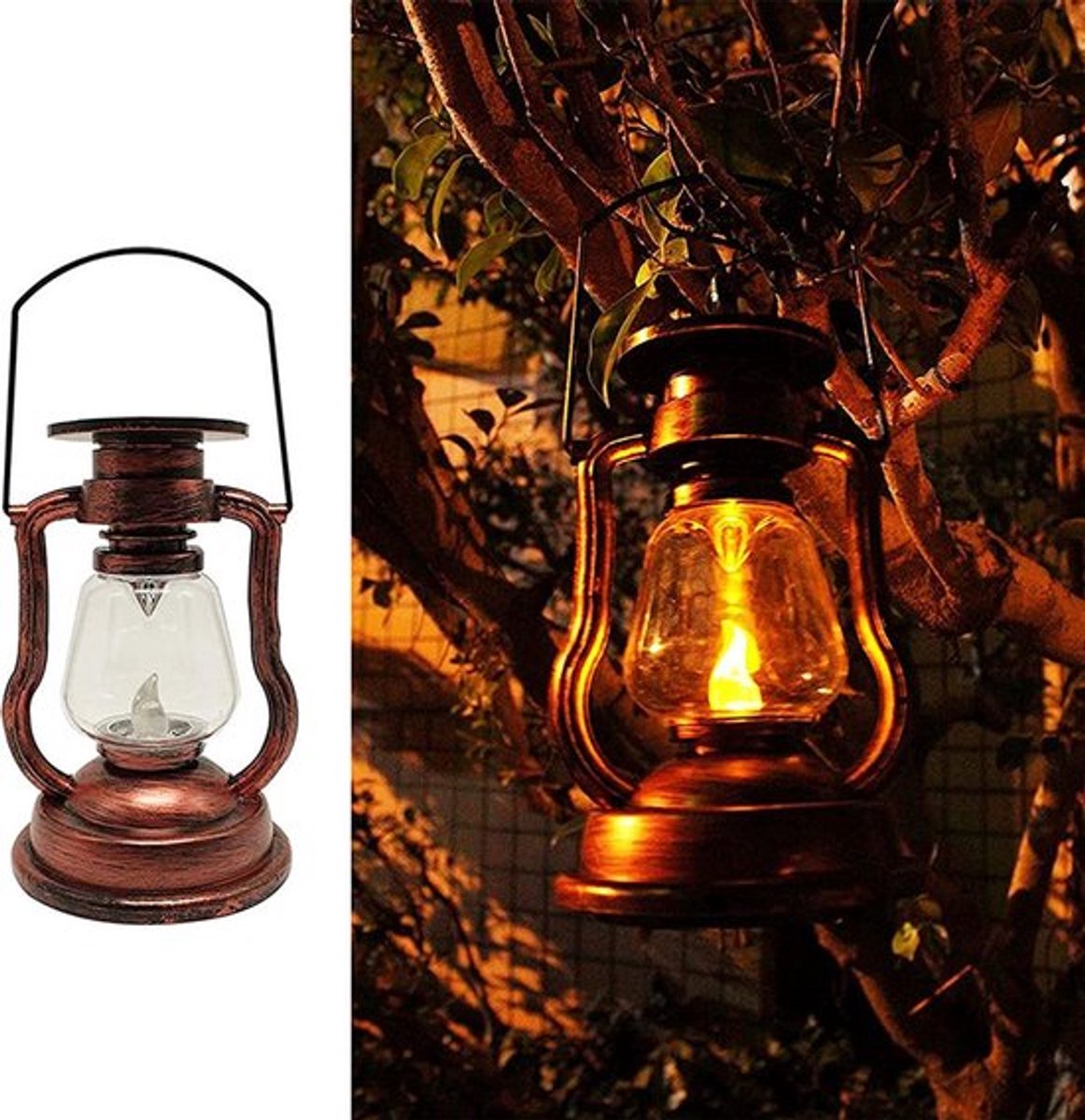 Set van 2 rode retro LED-lantaarns op zonne-energie, realistische hangende buitenlampen me