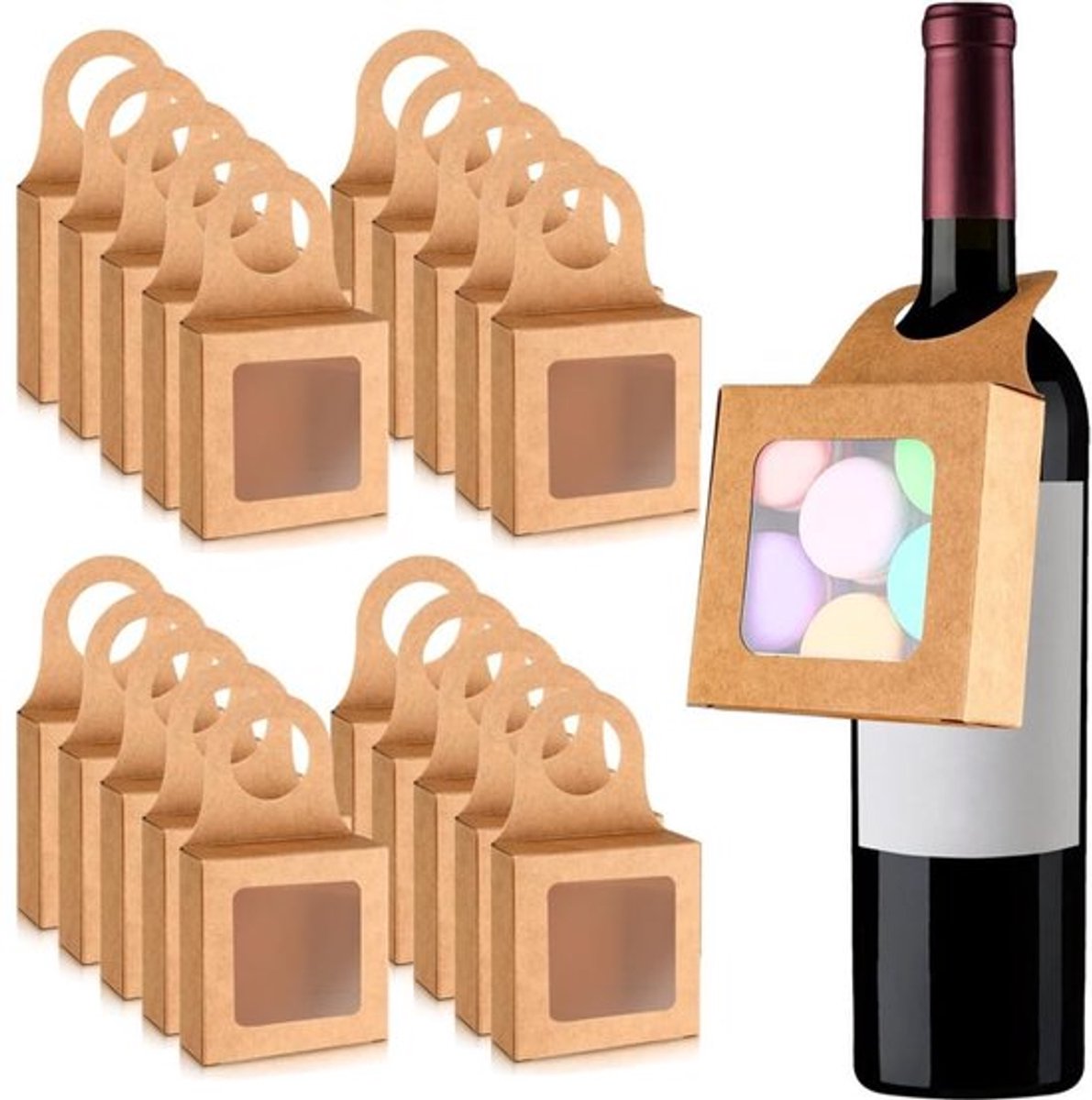 Wijnflesdozen 20 stuks - Cadeaudoos met venster - Cirkel haak ontwerp - Transparante opening - Eenvoudige installatie - Geschikt voor snoep/chocolade/koekjes