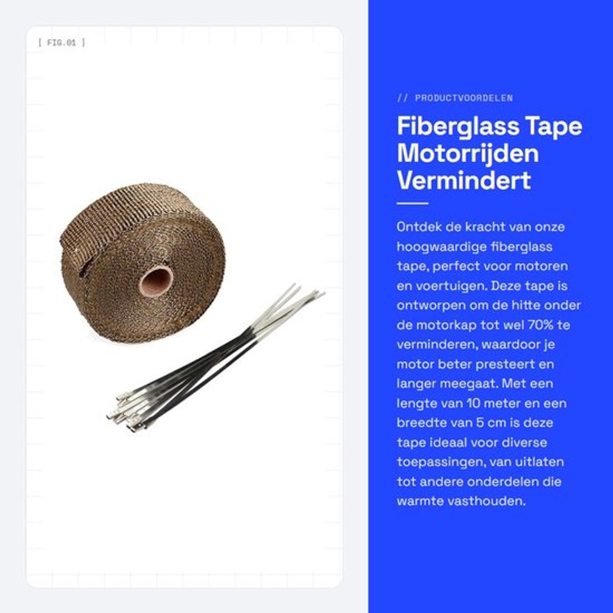 Uitlaatband 10m x 5cm - Thermische Isolatie - Hittebescherming - Schokbestendig - Roestvrij Stalen Klemmen - Vermindert Hitte tot 70% - Uitlaatisolatie