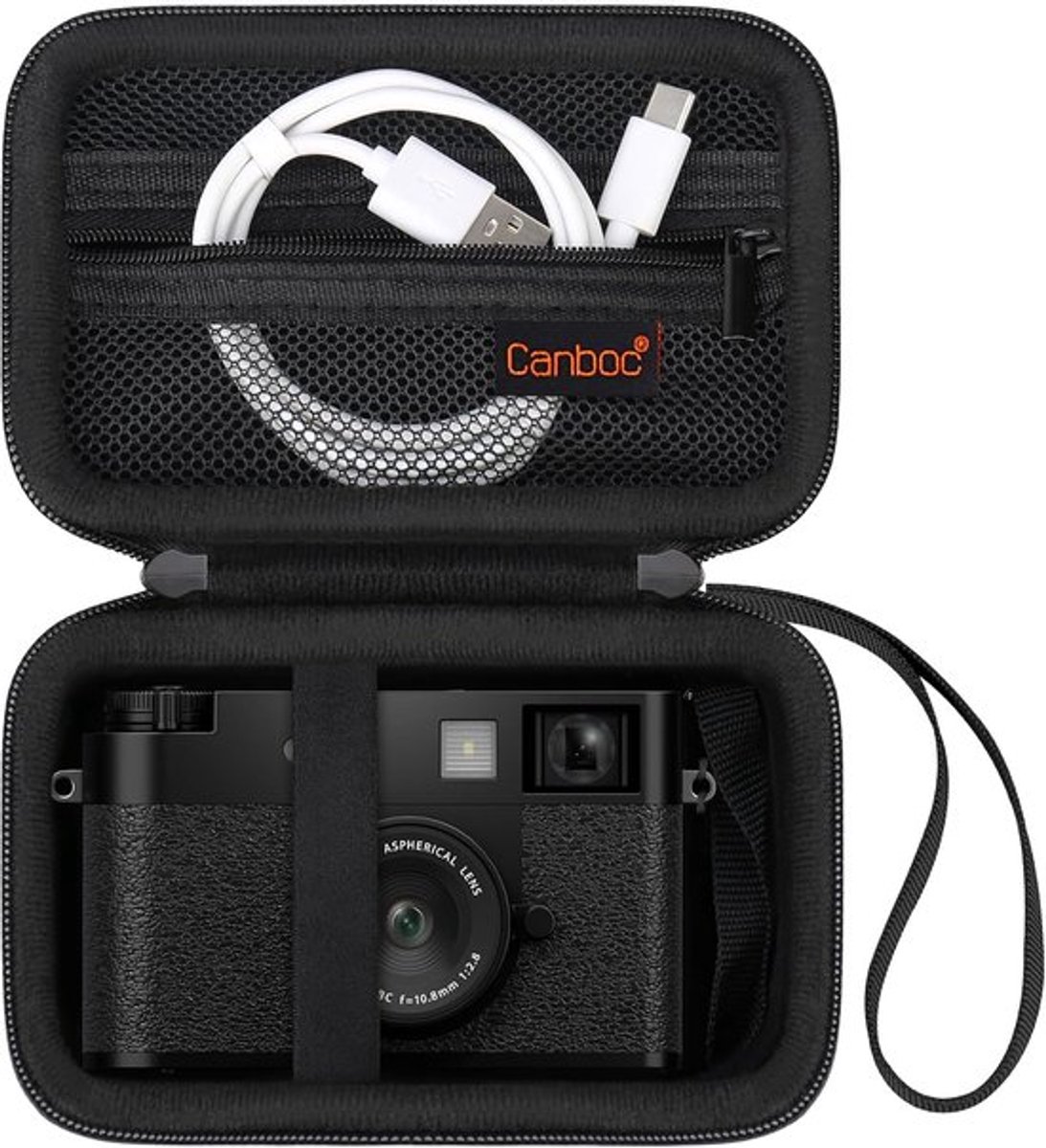 SnelShoppen - Draagtas voor Compacte Digitale Camera, Zwart, Geschikt voor Premium Compact Camera, Mesh Zak voor Accu's en USB Kabels, Krasbestendig M