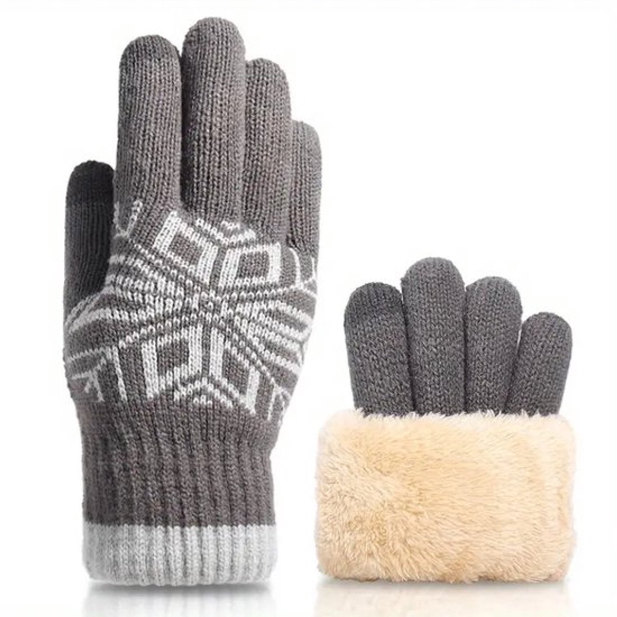 Dubbellaagse gebreide handschoenen voor heren, warme en koudebestendige jacquard touchscreen handschoenen voor herfst en winter, plus fluweel en verdikking, touchscreen handschoenen (grijs)