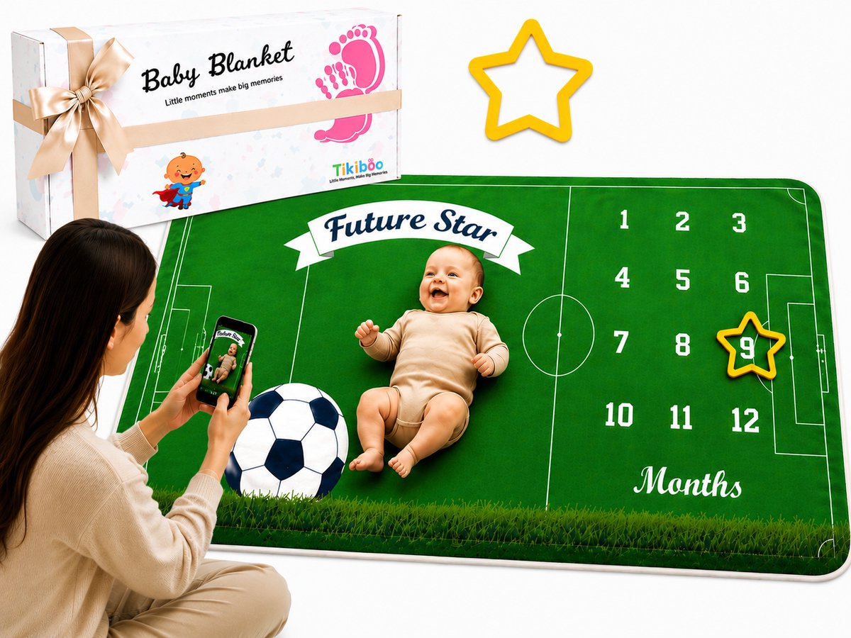 Tikiboe Mijlpaaldeken Voetbal - 150 x 100cm - Baby Dekentje - Milestone Baby Kleed - Fleece Deken - Kraamcadeau Jongen of Meisje - Babyshower - Kraampakket/Geboorte Cadeau - Baby Speelkleed - Fotoherinnering - Kraam Cadeau