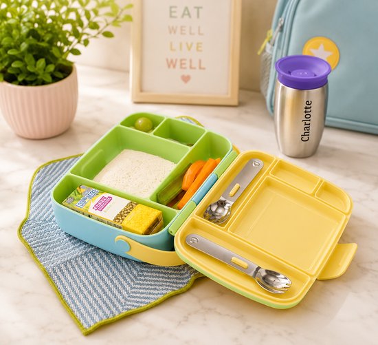 Munchkin Bento Lunch Box - Broodtrommel - Brooddoos voor Kinderen - Inclusief RVS Bestek - Vaatwasserbestendig - Vanaf 18 Maanden - Groen/Blauw van Munchkin — afbeelding 4