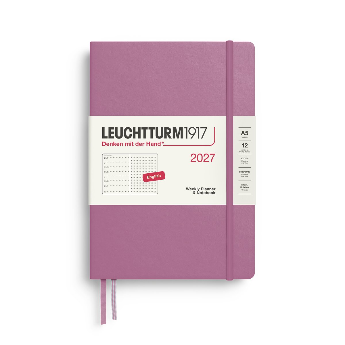 Leuchtturm1917 - 2027 - Weekly Planner & Notebook - A5 Medium 15x21cm - stippellijnen - dusty rose - hardcover