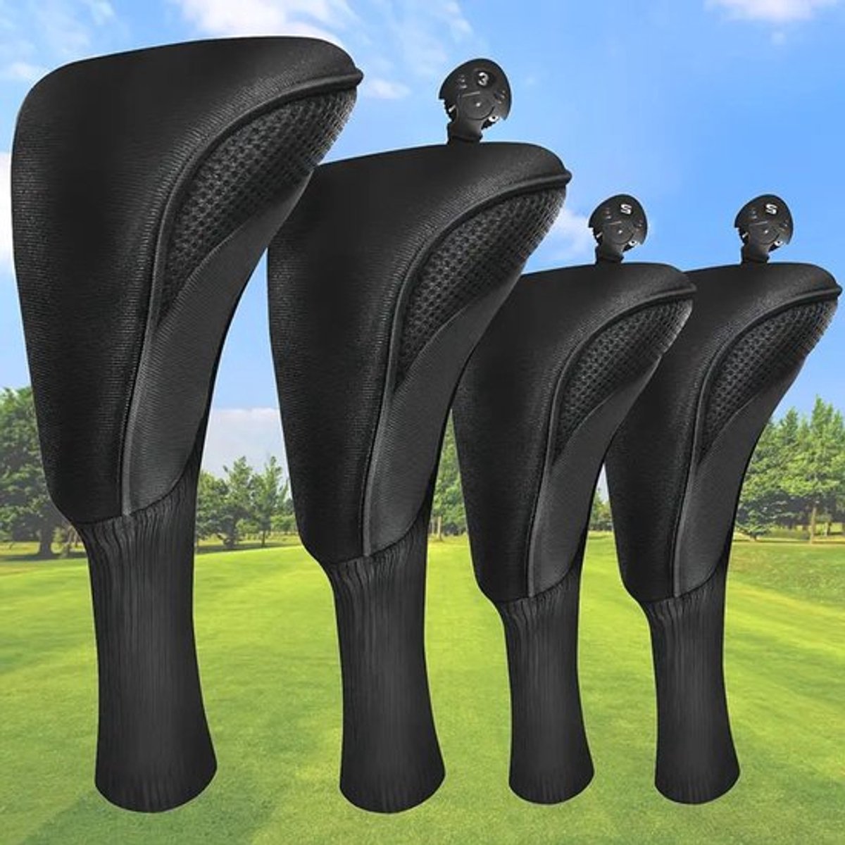 Zwarte vierdelige golfclubhoesenset, inclusief clubhoofdhoes en clubhoofdbescherming, waterdicht, geschikt voor buitensporten.