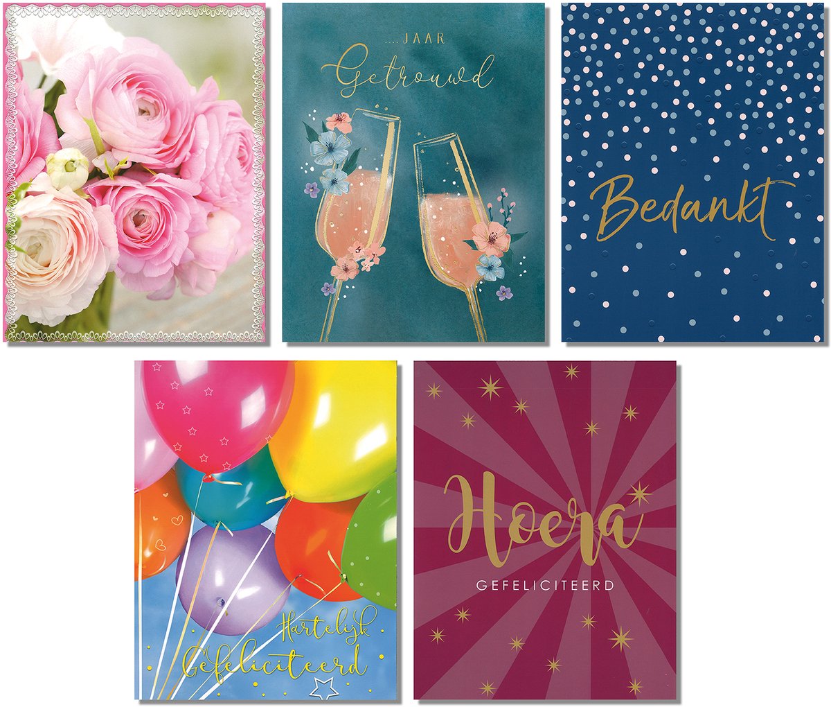 MGPcards - 5x A4 plus wenskaarten met envelop - Gefeliciteerd - Bedankt - …jaar getrouwd - Bloemen zonder tekst - 23x29.7 cm