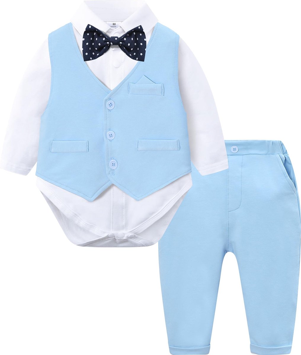 SnelShoppen - Mintgroene Formele Outfit voor Babyjongens 3-delig, Pasgeborenen, Smoking Bodysuit, Vest en Broek, Lichtblauw voor Bruiloft en Feest, 6-