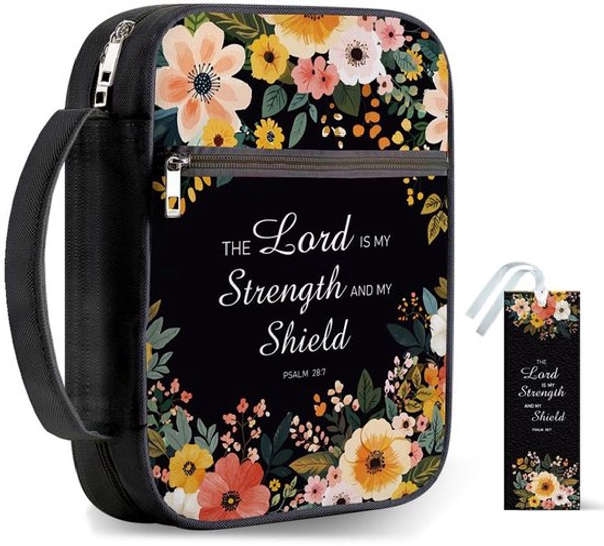 Bijbelhoes met handvat 30,5 x 22 cm - Draagtas met ritssluiting - Zwarte bijbelhoes - Beschermend met zak - Bladwijzers voor bijbelnotities - Bijbeltas